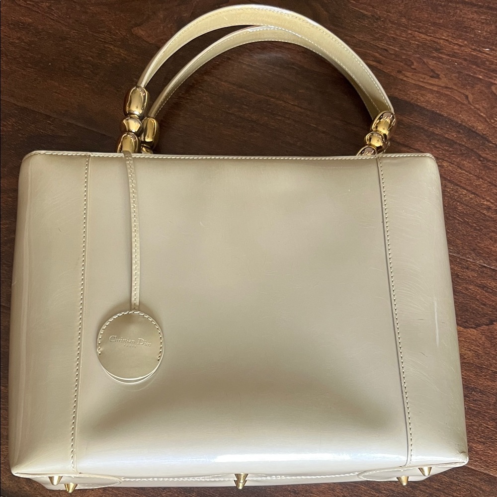 Authentic Christian Dior Bag Christian Lady Maris Pearl Handbag Tote Gold/Beige